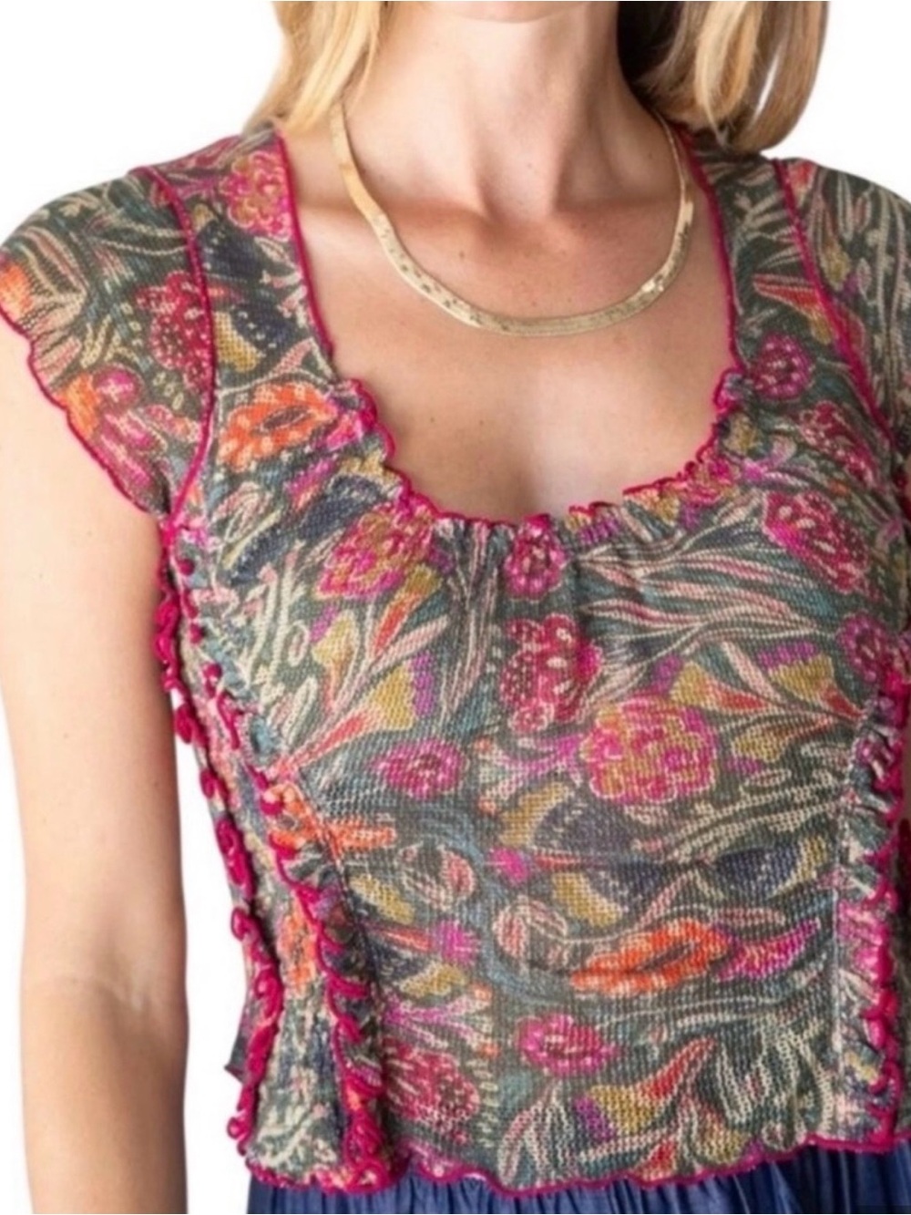 NATURAL LIFE Pink & Green Cotton Floral Stretchy Ruffle Trim Crop Top XL